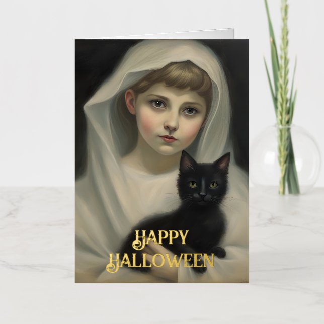 Carte De Vacances Métallisée Fantôme et Halloween de chat noir (Recto)