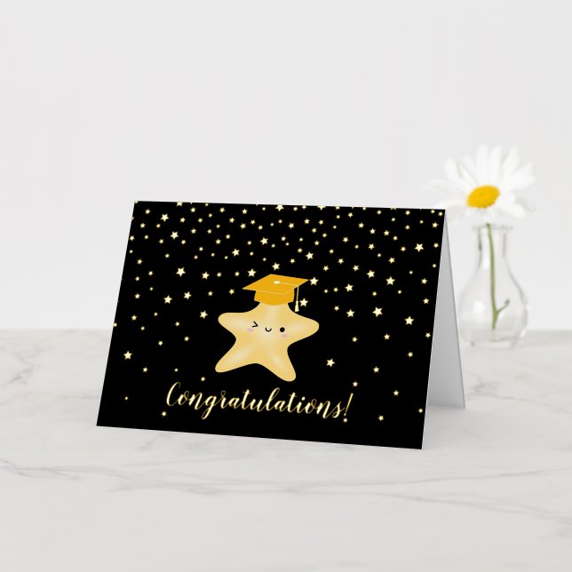 Carte De Vacances Métallisée Félicitations à Black & Gold Star Graduation (Petite fleur)