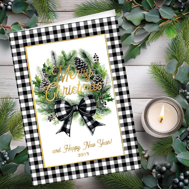 Carte De Vacances Métallisée Festive Holiday Wreath Merry Christmas Non-Photo (Festive Holiday Wreath with Black | White Check Bow "Merry Christmas" Foil Folded Holiday Card)
