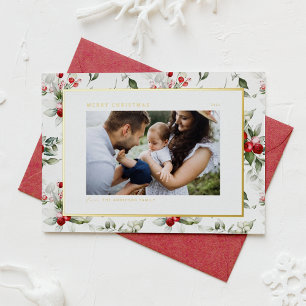 Carte De Vacances Métallisée Festive Holly Motif Joyeux Noël Photo