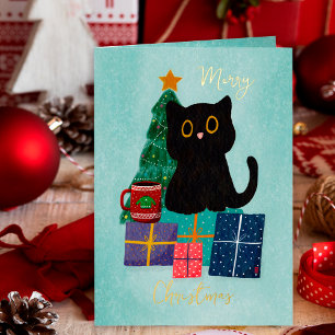 Carte De Vacances Métallisée Festive Stars Bleu Or Noël Black Cat Café