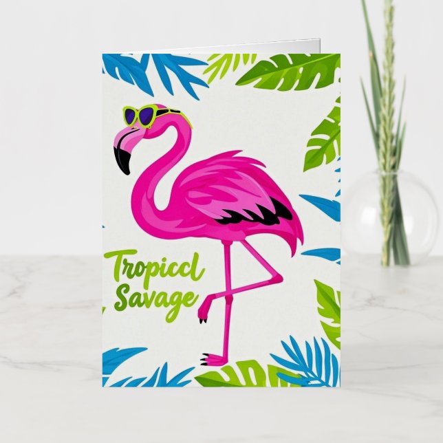 Carte De Vacances Métallisée Flamingo rose Position tropicale sur une jambe (Recto)