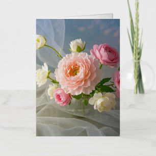 Carte De Vacances Métallisée Fleurs Roses Élégantes Intemporelles Délicates