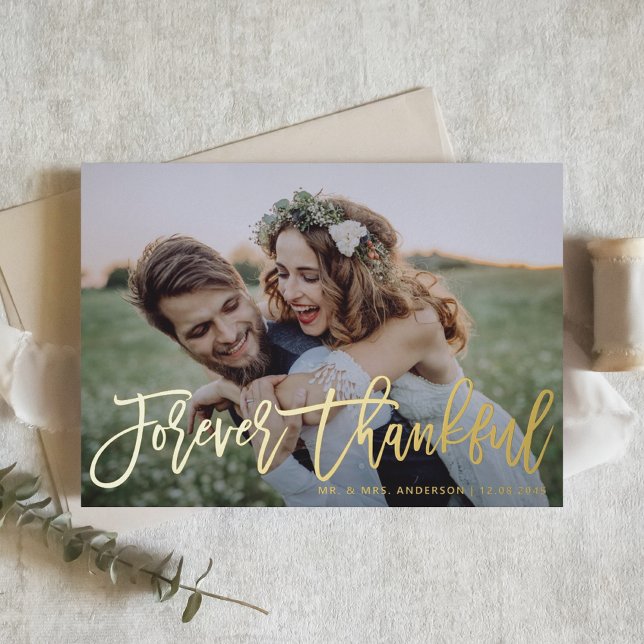 Carte De Vacances Métallisée Forever Thankful Moderne Calligraphie Mariage Phot (Créateur téléchargé)