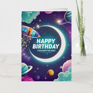 Carte De Vacances Métallisée Galaxy thème heureux croissant d'anniversaire lune