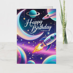 Carte De Vacances Métallisée Galaxy thème heureux croissant d'anniversaire lune