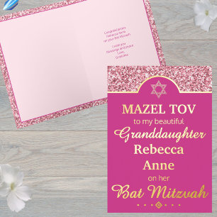 Carte De Vacances Métallisée Glam Pink Petite-fille Niece Bat mitzvah Gold