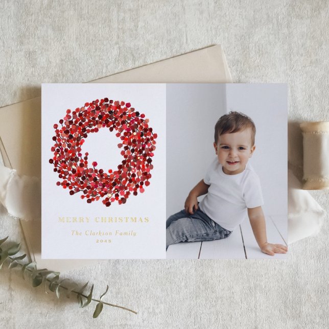 Carte De Vacances Métallisée Gouache Red Winterberry Wreath Photo Noël (Créateur téléchargé)