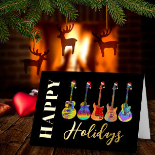Carte De Vacances Métallisée Guitares de Noël Joyeuses Fêtes Noir et Or