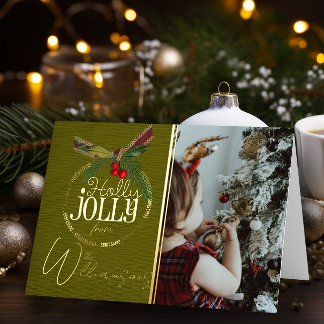 Carte De Vacances Métallisée Holly Jolly Rouge Noël Avec Holly Berry Gold (Elegant vintage holly jolly Christmas Card personalized holiday card with name)