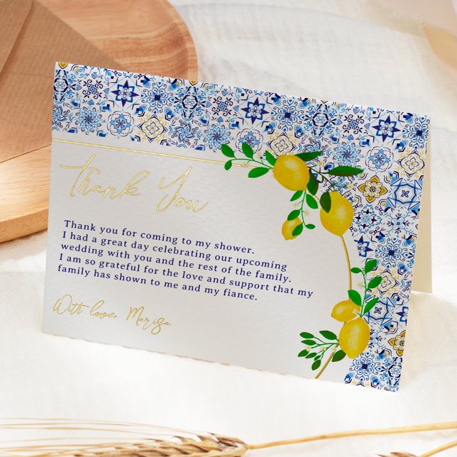 Carte De Vacances Métallisée Italien carrelage bleu aquarelle citron nuptiale (Créateur téléchargé)