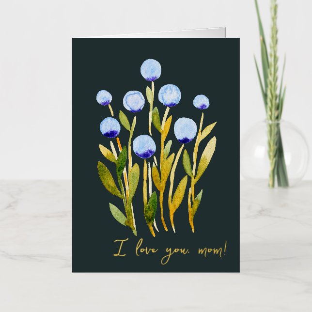 Carte De Vacances Métallisée Je t'aime maman fleurs d'aquarelle bleu minime (Recto)
