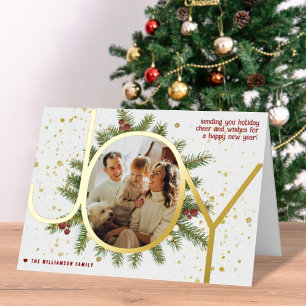 Carte De Vacances Métallisée Joy Pine Boughs Wreath Christmas Photo Real
