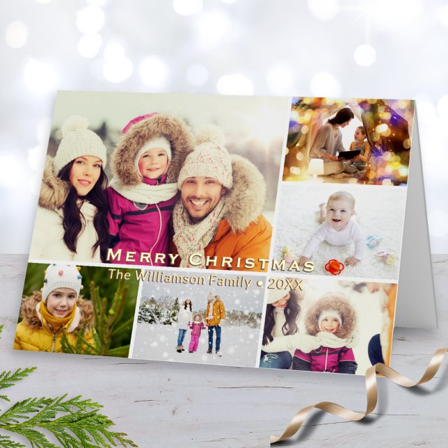 Carte De Vacances Métallisée Joyeux Noël 6 Photos Collage Personnalisé (A stylish and modern Christmas card featuring a gallery of 6 of your own photos and foil custom text)