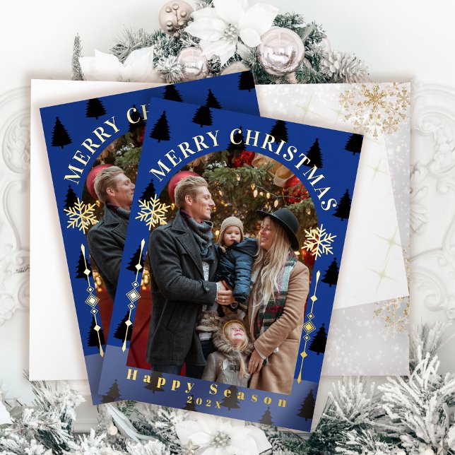 Carte De Vacances Métallisée Joyeux Noël Arbre neige Flakes Marine Blue Photo (Merry Christmas Tree Snow Flakes Marine Blue Photo Foil Greeting Card)