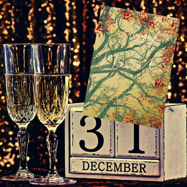 Carte De Vacances Métallisée Joyeux Nouvel An vert arbre rouge feuilles (Créateur téléchargé)