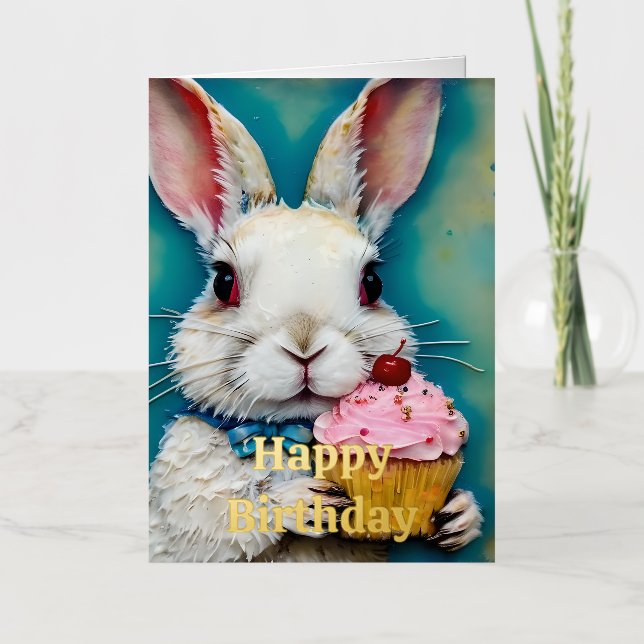 Carte De Vacances Métallisée Lapin avec Cupcake Anniversaire (Recto)