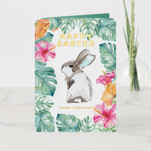 Carte De Vacances Métallisée Lapin de Pâques Aquarelle Fleurs