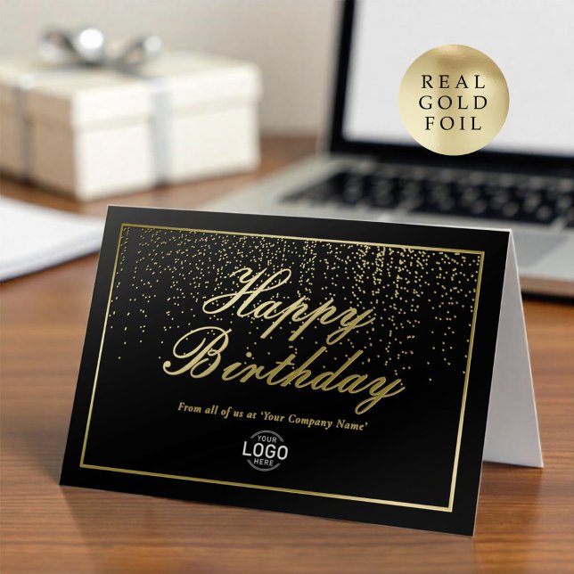 Carte De Vacances Métallisée Logo Entreprise Black Gold Joyeux anniversaire (Créateur téléchargé)