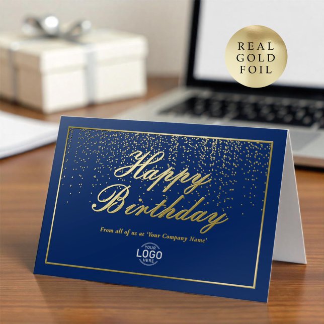 Carte De Vacances Métallisée Logo Professionnel Business Blue Joyeux Anniversai (Créateur téléchargé)