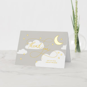Carte De Vacances Métallisée Lune et Étoiles Bébé remercie gris script
