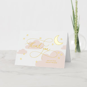 Carte De Vacances Métallisée Lune et Étoiles Écriture Rose Bébé Merci