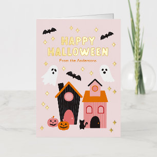 Carte De Vacances Métallisée Maisons de Halloween éffrayantes