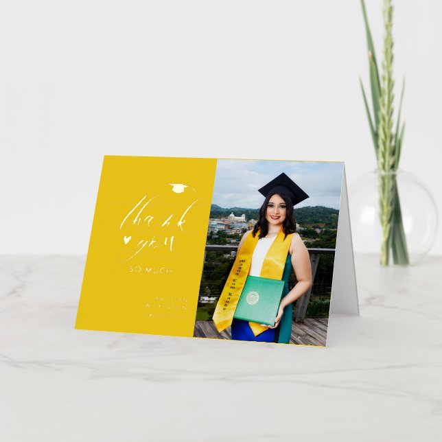 Carte De Vacances Métallisée Merci de graduation moderne Black Gold Script (Recto)