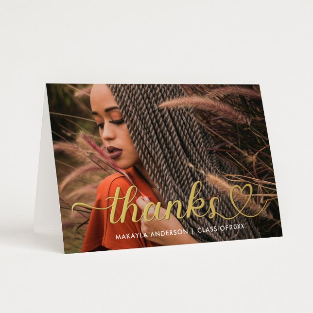 Carte De Vacances Métallisée Merci Gold Heart Script Custom Graduation Photo (Créateur téléchargé)