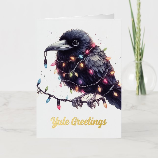 Carte De Vacances Métallisée Noël à Yule Raven (Recto)