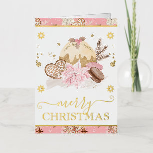 Carte De Vacances Métallisée Noël aux biscuits rose à l'aquarelle et au cacao c