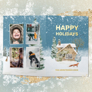 Carte De Vacances Métallisée Noël de la ferme Fox Watercolor