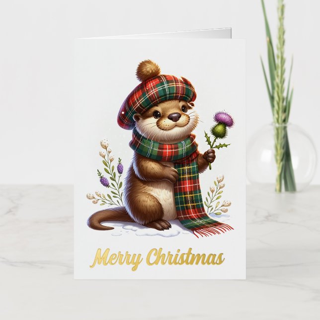 Carte De Vacances Métallisée Noël écossais Otter Noël (Recto)