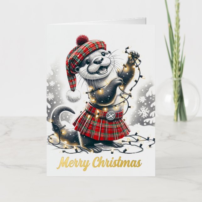 Carte De Vacances Métallisée Noël écossais Otter Noël (Recto)
