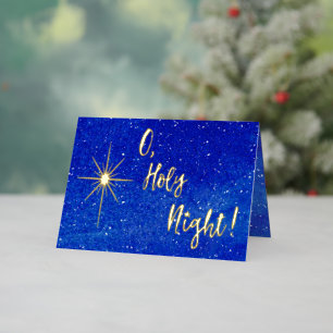 Carte De Vacances Métallisée O Holy Night Gold Star Bleu Religieux Gilded