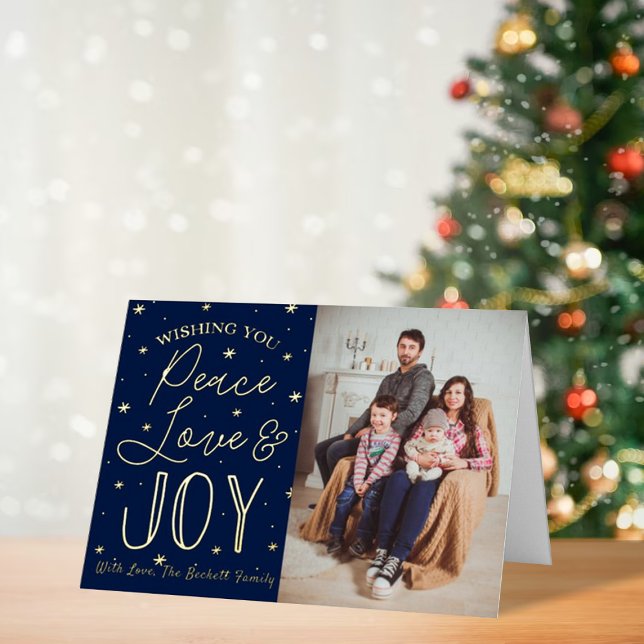 Carte De Vacances Métallisée Paix, Amour & Joie Photo de Noël Réelle (Créateur téléchargé)