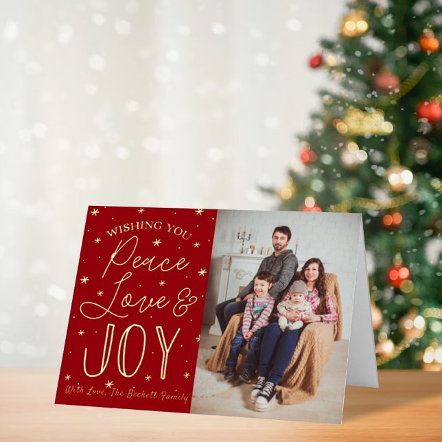 Carte De Vacances Métallisée Paix, Amour & Joie Photo de Noël Réelle (Créateur téléchargé)