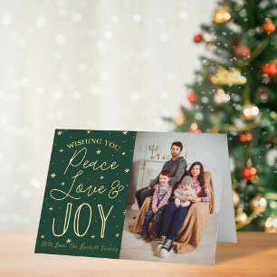 Carte De Vacances Métallisée Paix, Amour & Joie Photo de Noël Réelle