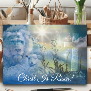 Carte De Vacances Métallisée Pastel Bleu Christ Ressuscité Résurrection Pâques