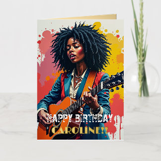 Carte De Vacances Métallisée Personnalisé Black Woman Guitarist Art Inspiration
