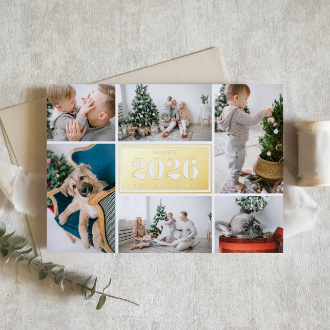 Carte De Vacances Métallisée Photo Collage de la nouvelle année 2025 (Send 2026 new year cheer with this customizable gold foil photo collage Happy New Year Card. )