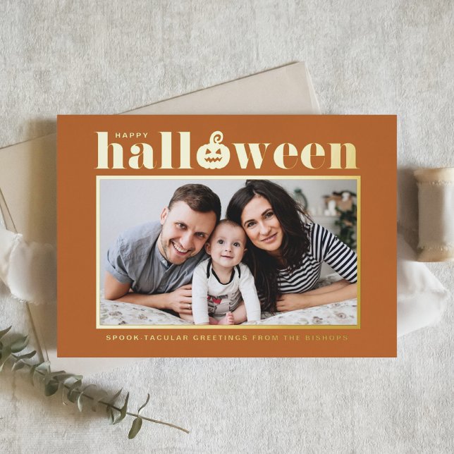 Carte De Vacances Métallisée Photo orange Jack-o-lanterne Halloween (Créateur téléchargé)