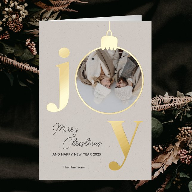 Carte De Vacances Métallisée Photo personnalisée Joyeux Noël blanc Fête Bell (Custom Photo JOY White Christmas Bell Holiday Foil Greeting Card)