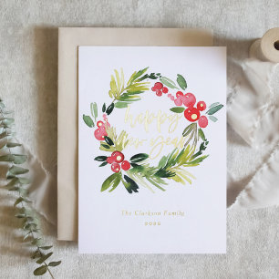 Carte De Vacances Métallisée Pin d'aquarelle et Wreath Holly Bonne année