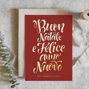 Carte De Vacances Métallisée Red Buon Natale e Felice Anno Nuovo Script