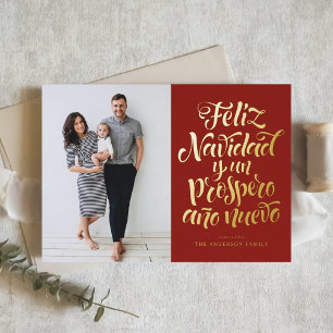 Carte De Vacances Métallisée Red Feliz Navidad Script Photo de Noël