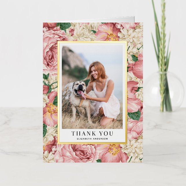 Carte De Vacances Métallisée Rose et Hydrangea Graduation Photo Merci (Recto)