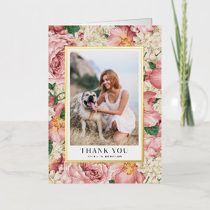 Carte De Vacances Métallisée Rose et Hydrangea Graduation Photo Merci