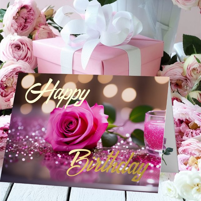 Carte De Vacances Métallisée Rose rose rose simple élégant désir d'anniversaire (Créateur téléchargé)