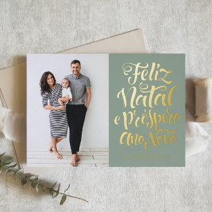 Carte De Vacances Métallisée Sage Green Feliz Natal Calligraphie de Noël Photo